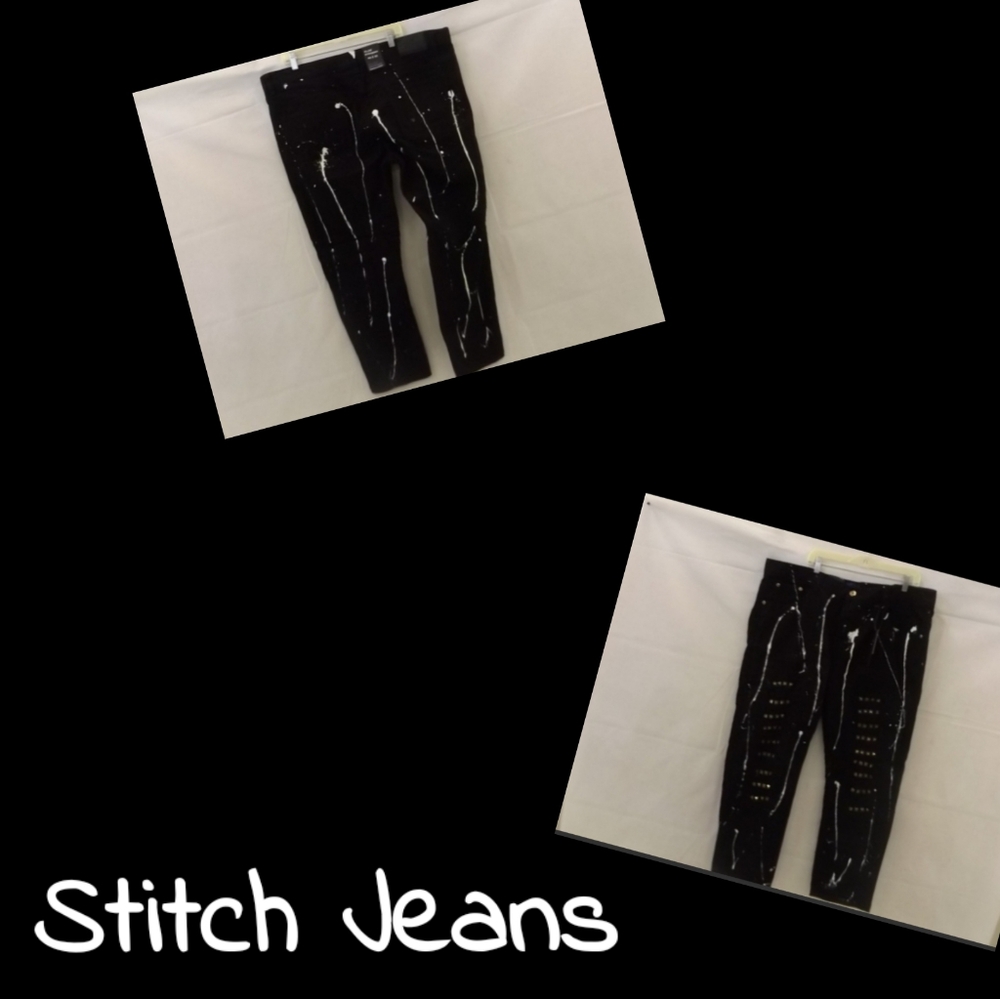 🆕 Mens Blue STITCH Paint Splat Jeans Sz 44 X 32 Hip Hop Streetwear Denim Pants